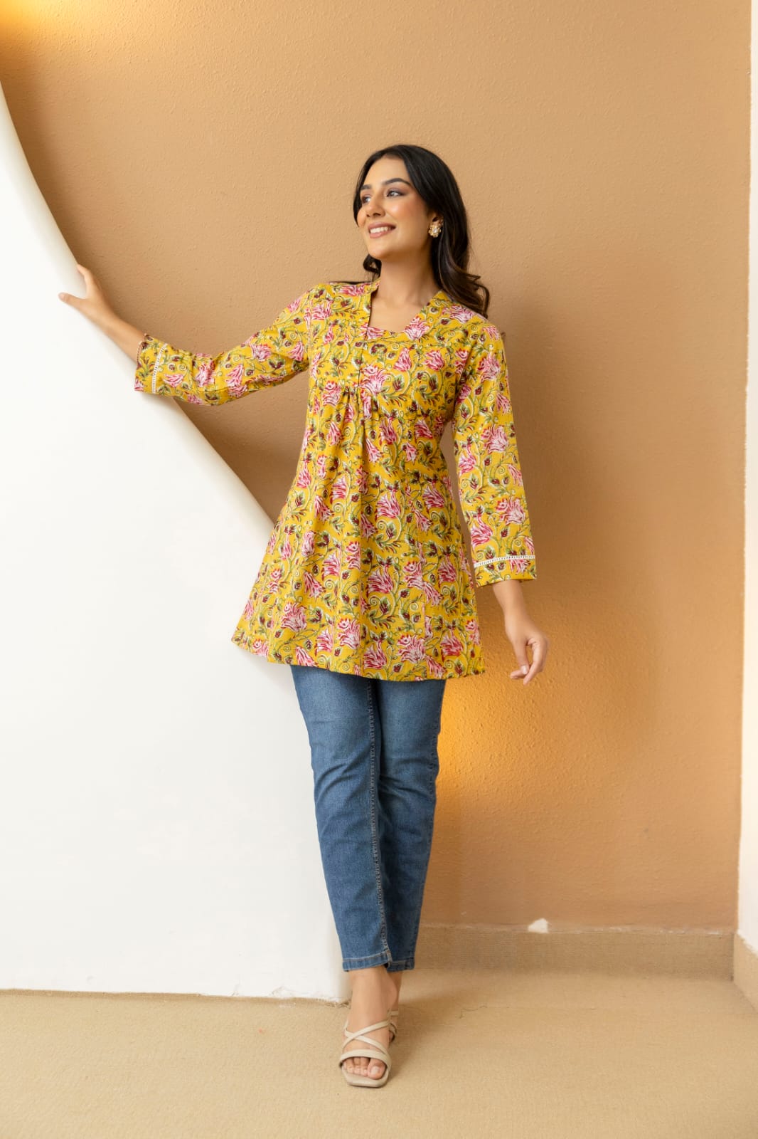 Yellow Floral Cotton Short Kurti for Women