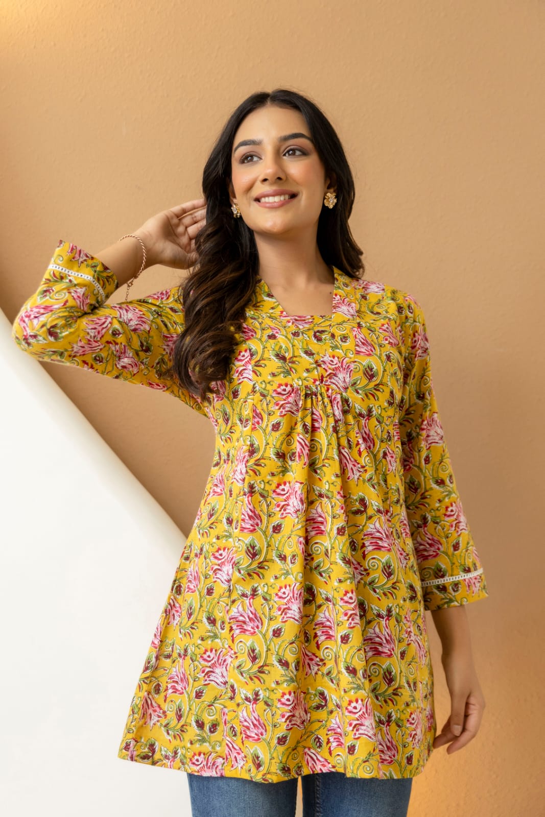 Yellow Floral Cotton Short Kurti for Women