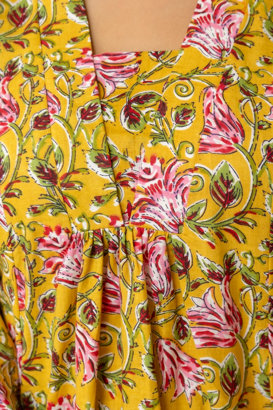 Yellow Floral Cotton Short Kurti for Women