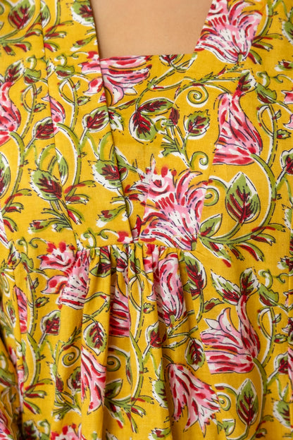 Yellow Floral Cotton Short Kurti for Women