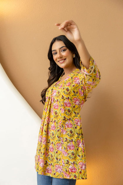 Yellow Floral Cotton Short Kurti for Women