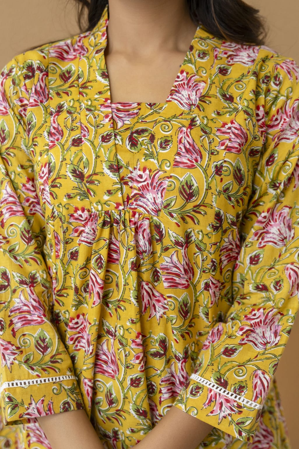 Yellow Floral Cotton Short Kurti for Women
