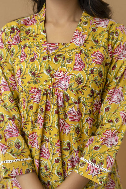 Yellow Floral Cotton Short Kurti for Women
