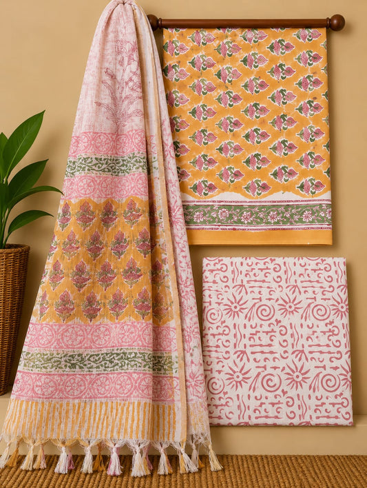 Yellow Floral Booti Cotton Suit Set with Kota Doria Dupatta
