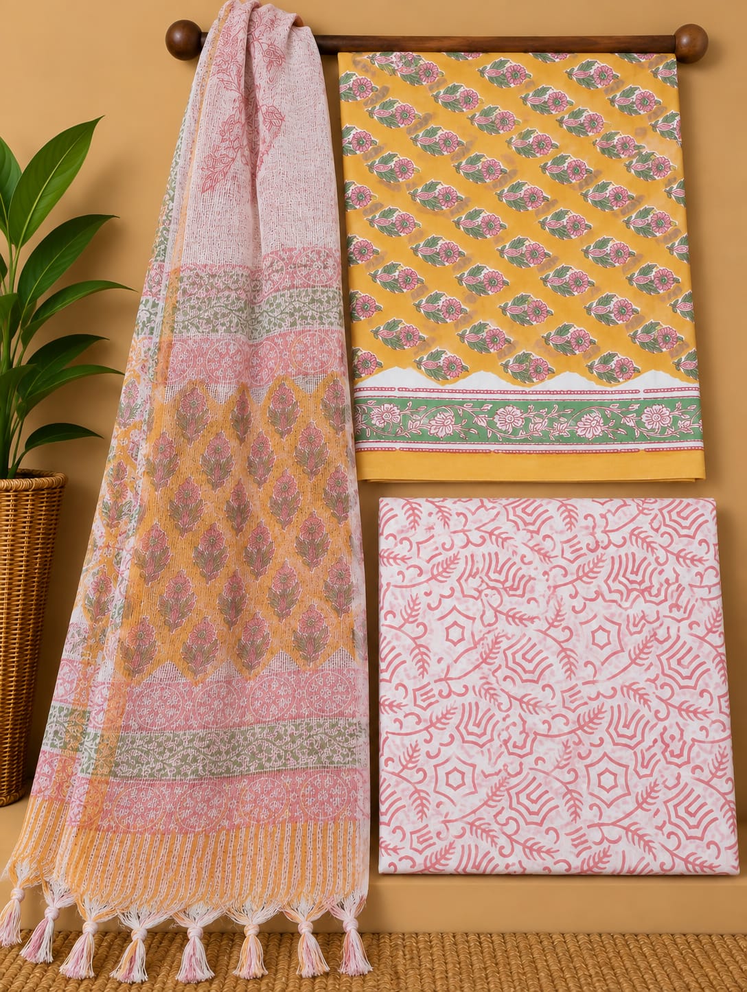 Yellow Floral Booti Cotton Suit Set with Kota Doria Dupatta