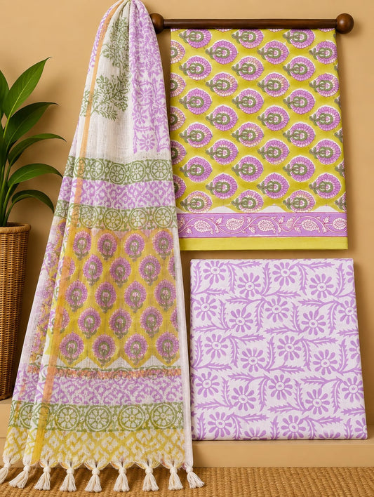 Yellow Floral Booti Cotton Suit Set with Kota Doria Dupatta