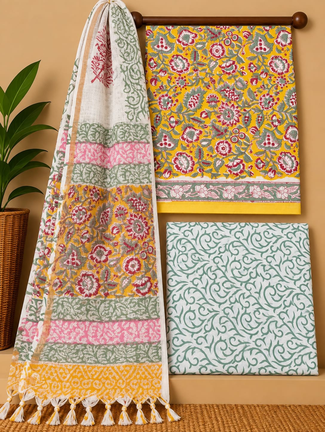 Yellow Floral Jaal Cotton Suit Set with Kota Doria Dupatta