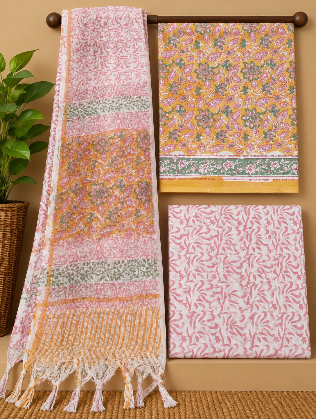 Yellow Floral Jaal Cotton Suit Set with Kota Doria Dupatta