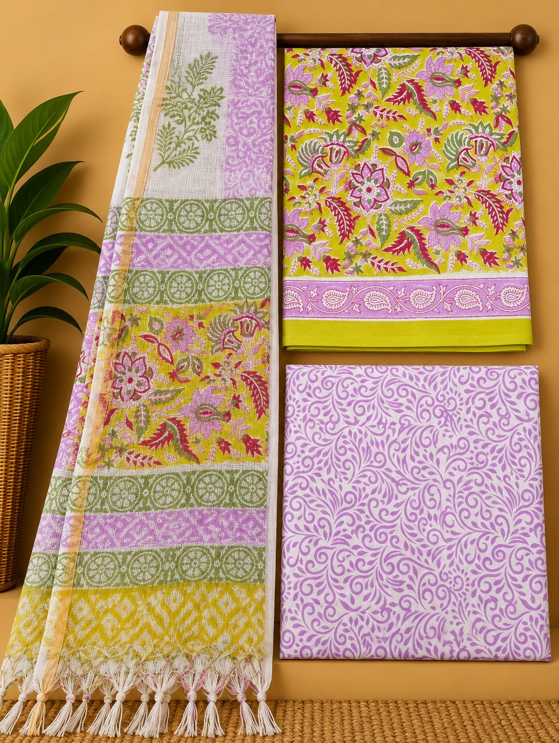 Yellow Floral Jaal Cotton Suit Set with Kota Doria Dupatta