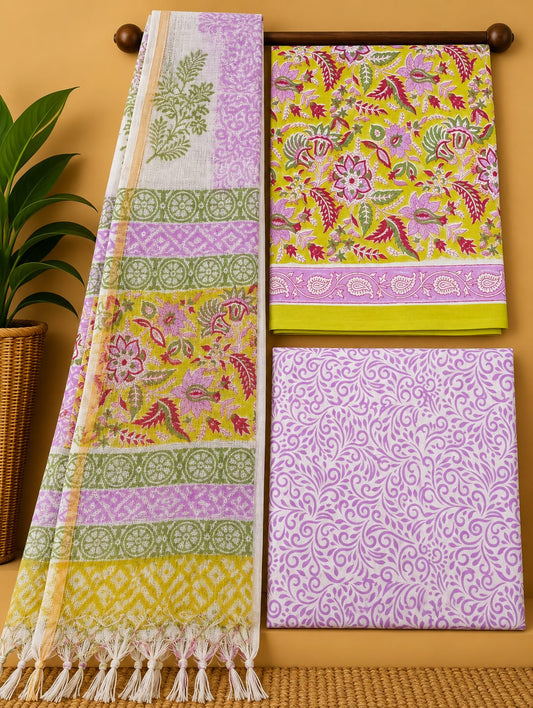 Yellow Floral Jaal Cotton Suit Set with Kota Doria Dupatta