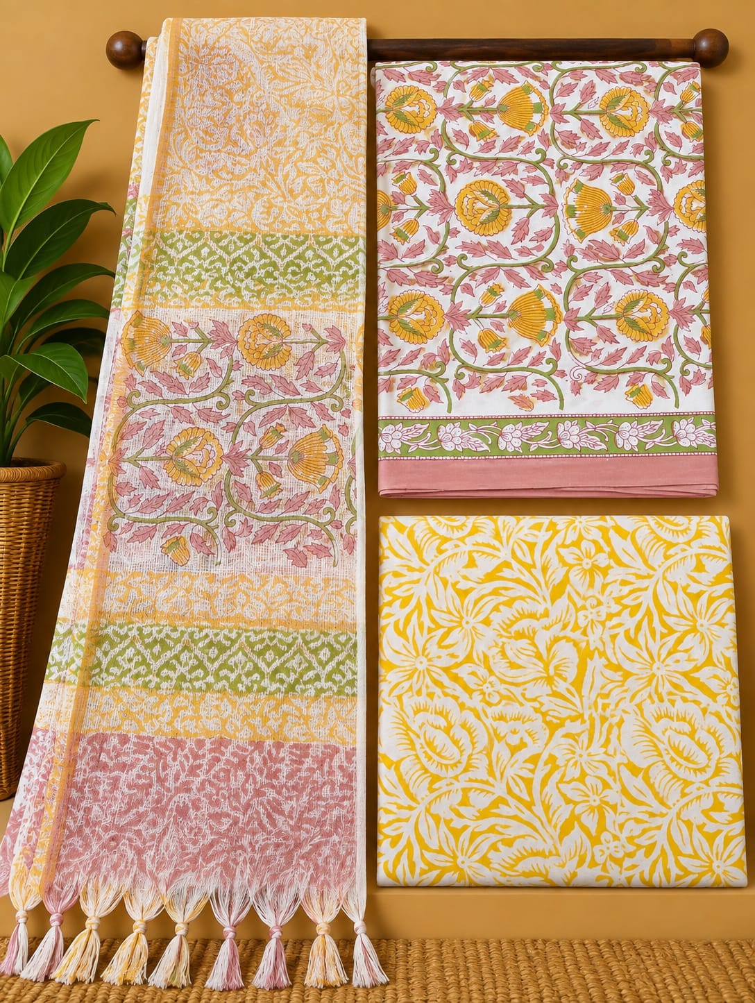 Yellow Floral Jaal Cotton Suit Set with Kota Doria Dupatta