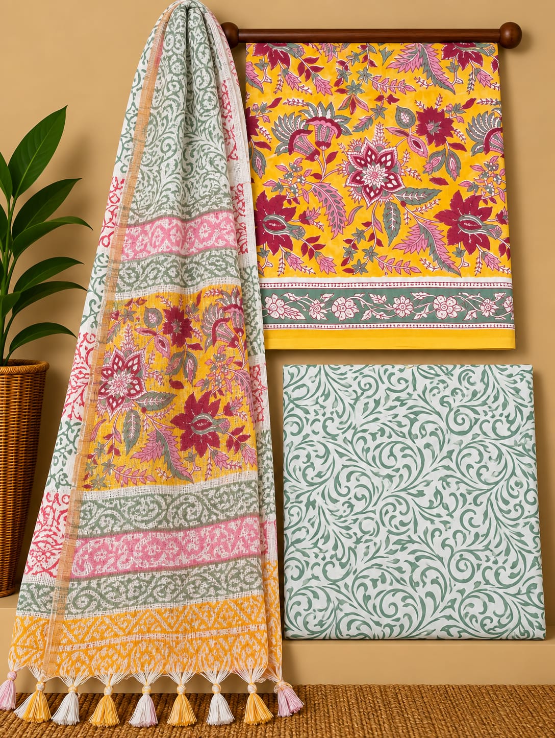 Yellow Floral Cotton Suit Set with Kota Doria Dupatta