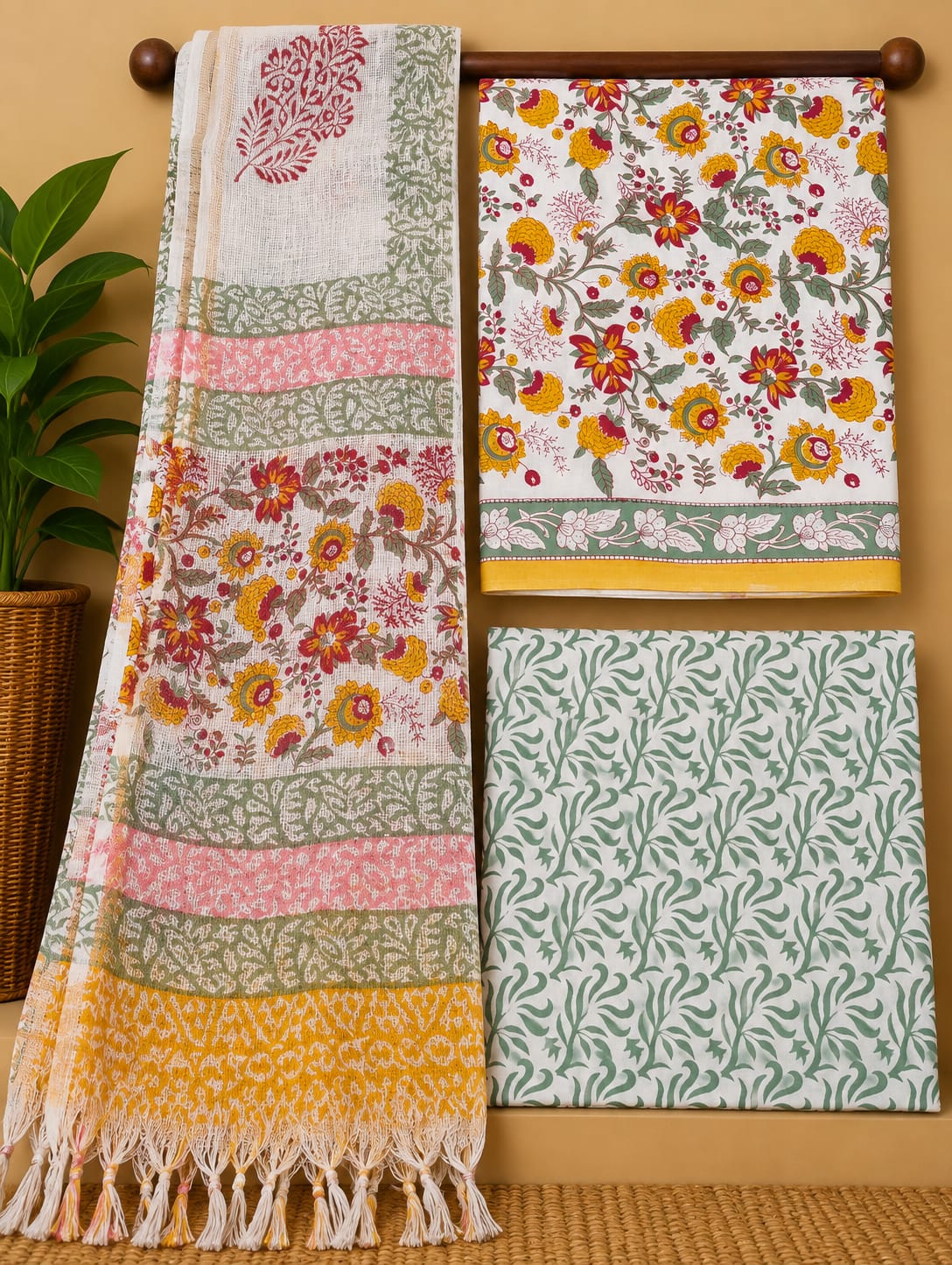Yellow Floral Cotton Suit Set with Kota Doria Dupatta